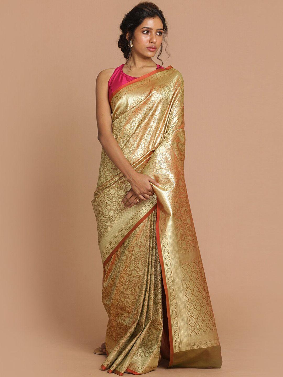 indethnic gold & brown ethnic motifs zari banarasi saree