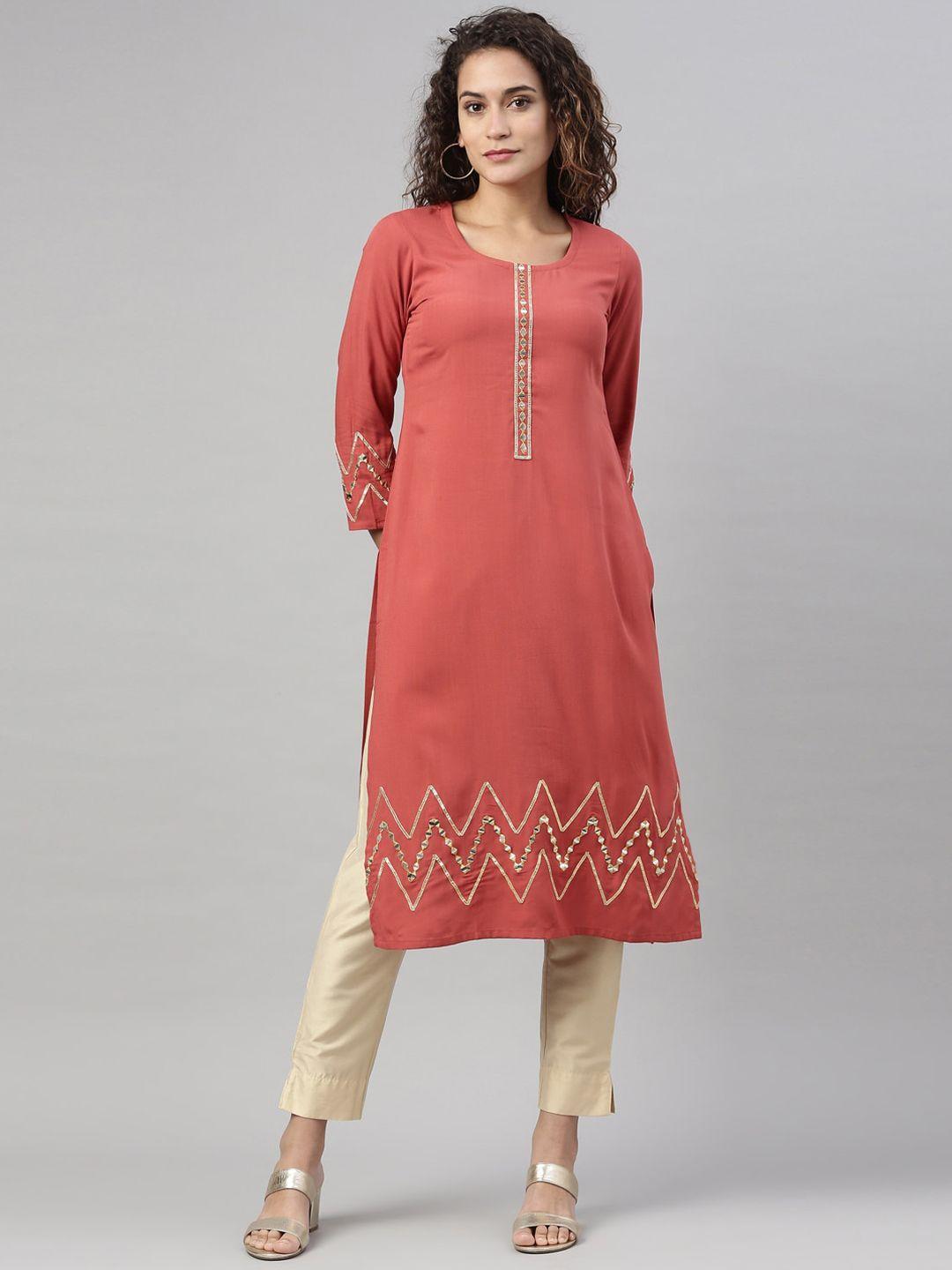 neerus women rust chevron keyhole neck thread work kurta