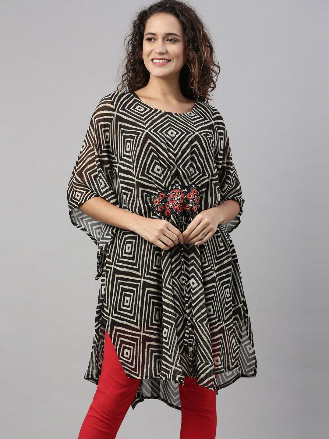 neerus women black & tap shoe geometric printed georgette kurta