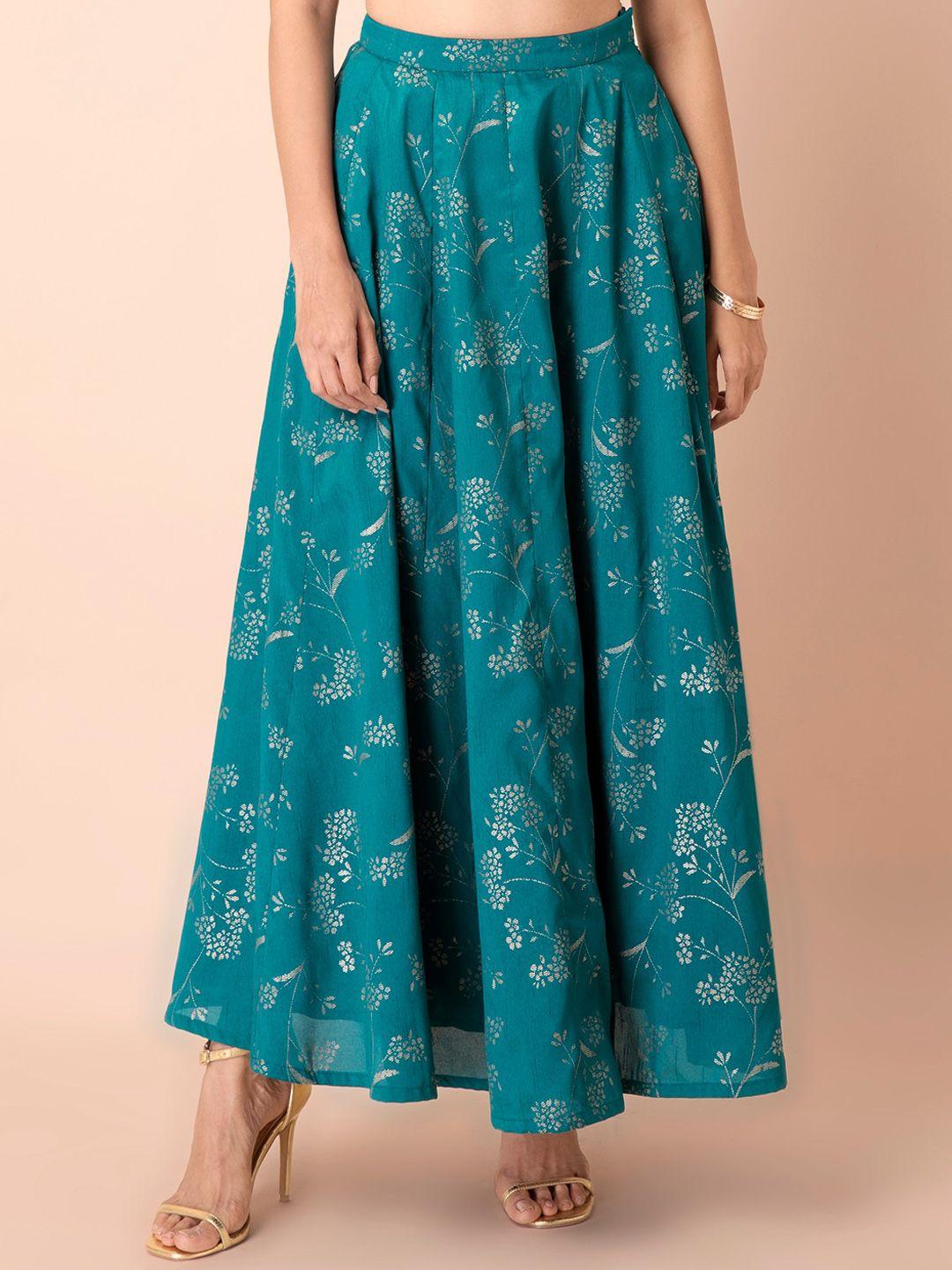 indya women teal blue & silver-coloured foil printed flared maxi skirt