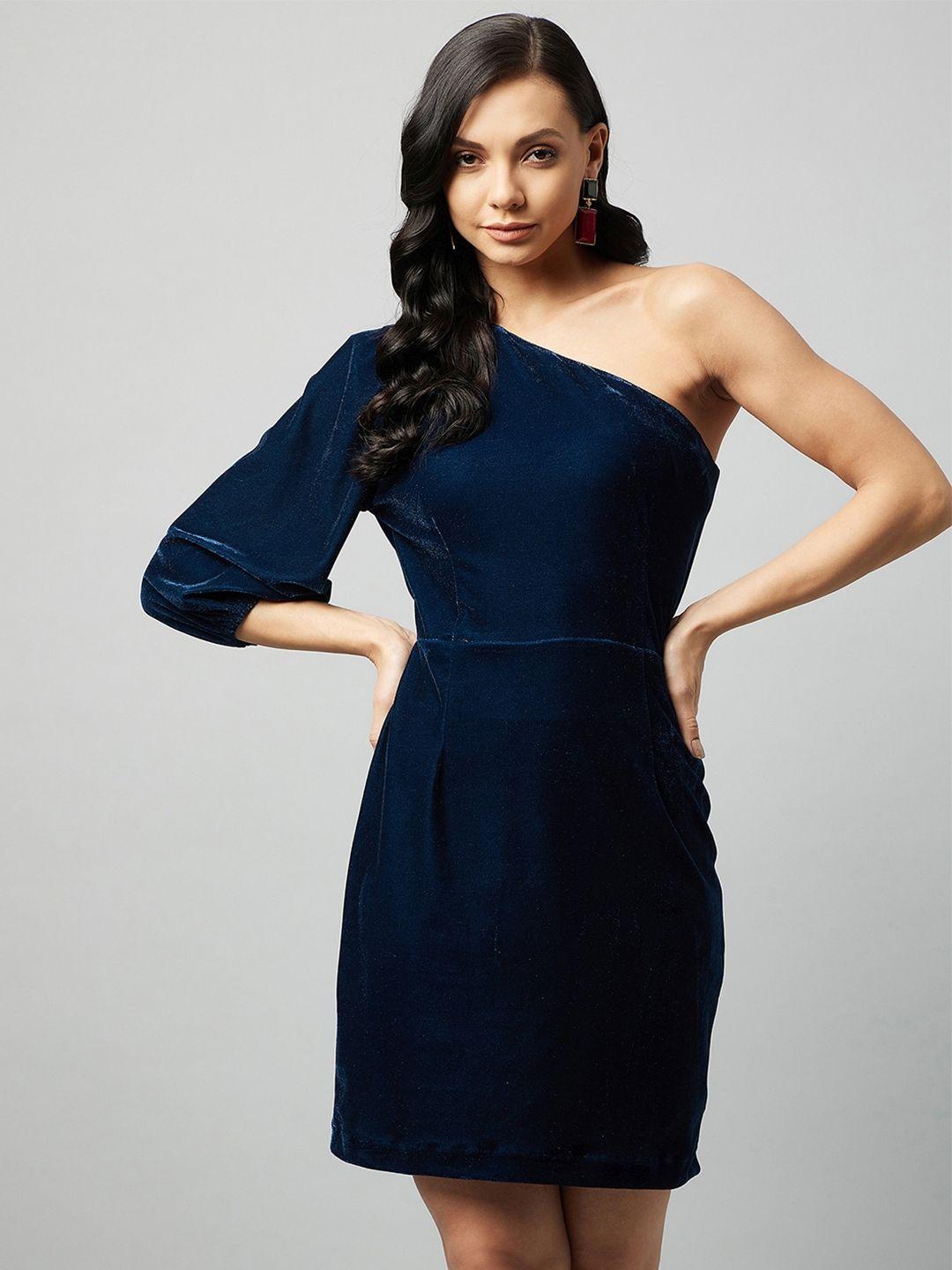 marie claire blue one shoulder velvet sheath dress