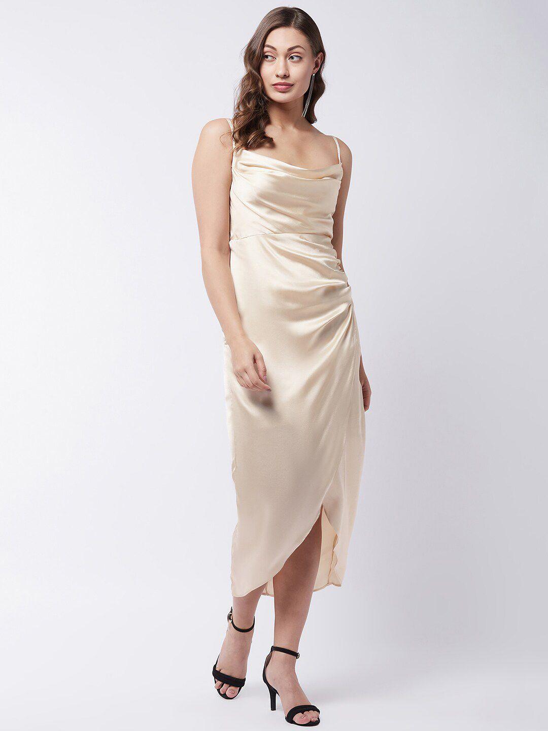 magre beige satin sheath midi dress