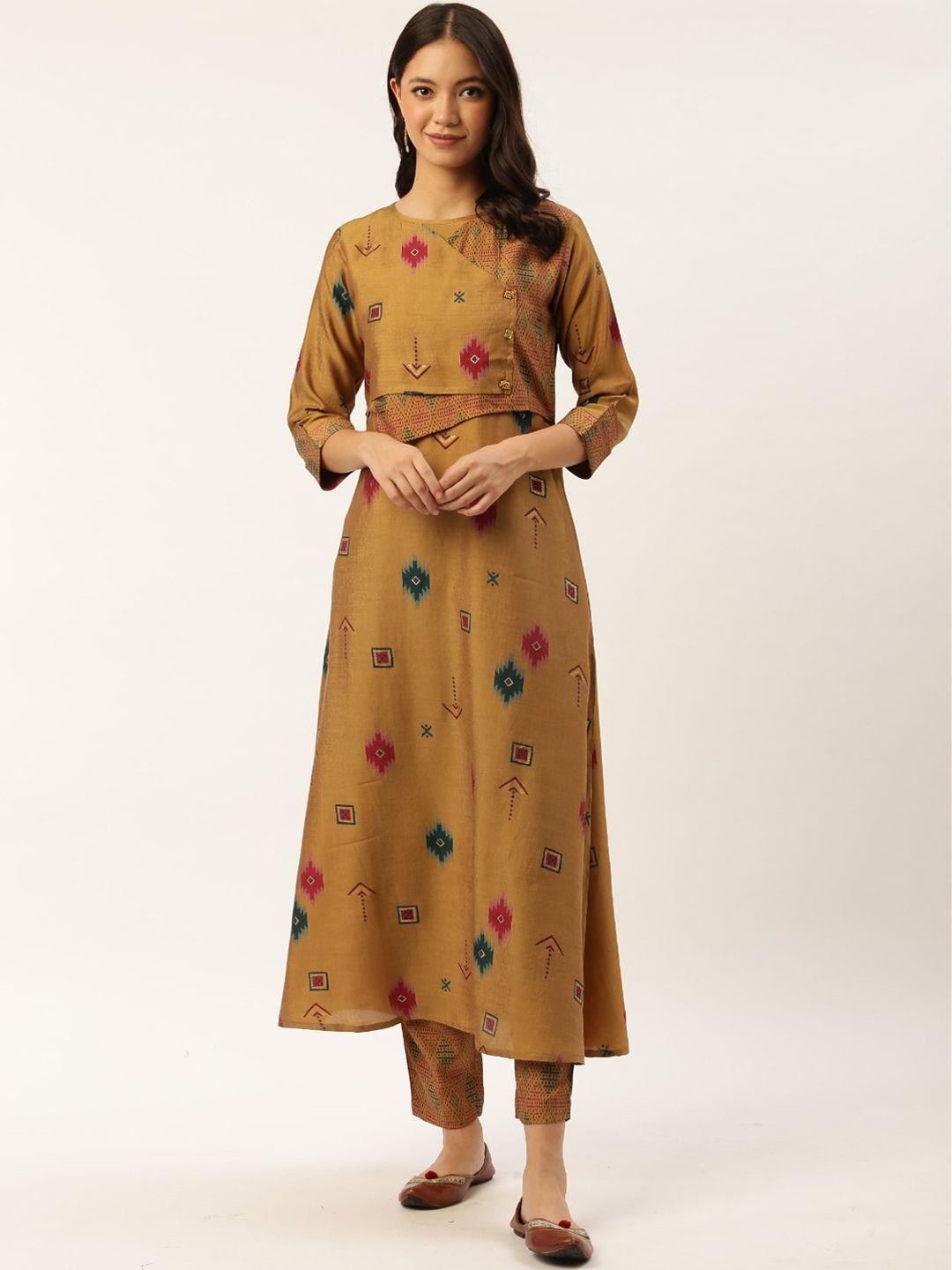 sangria women khaki & red geometric kurta