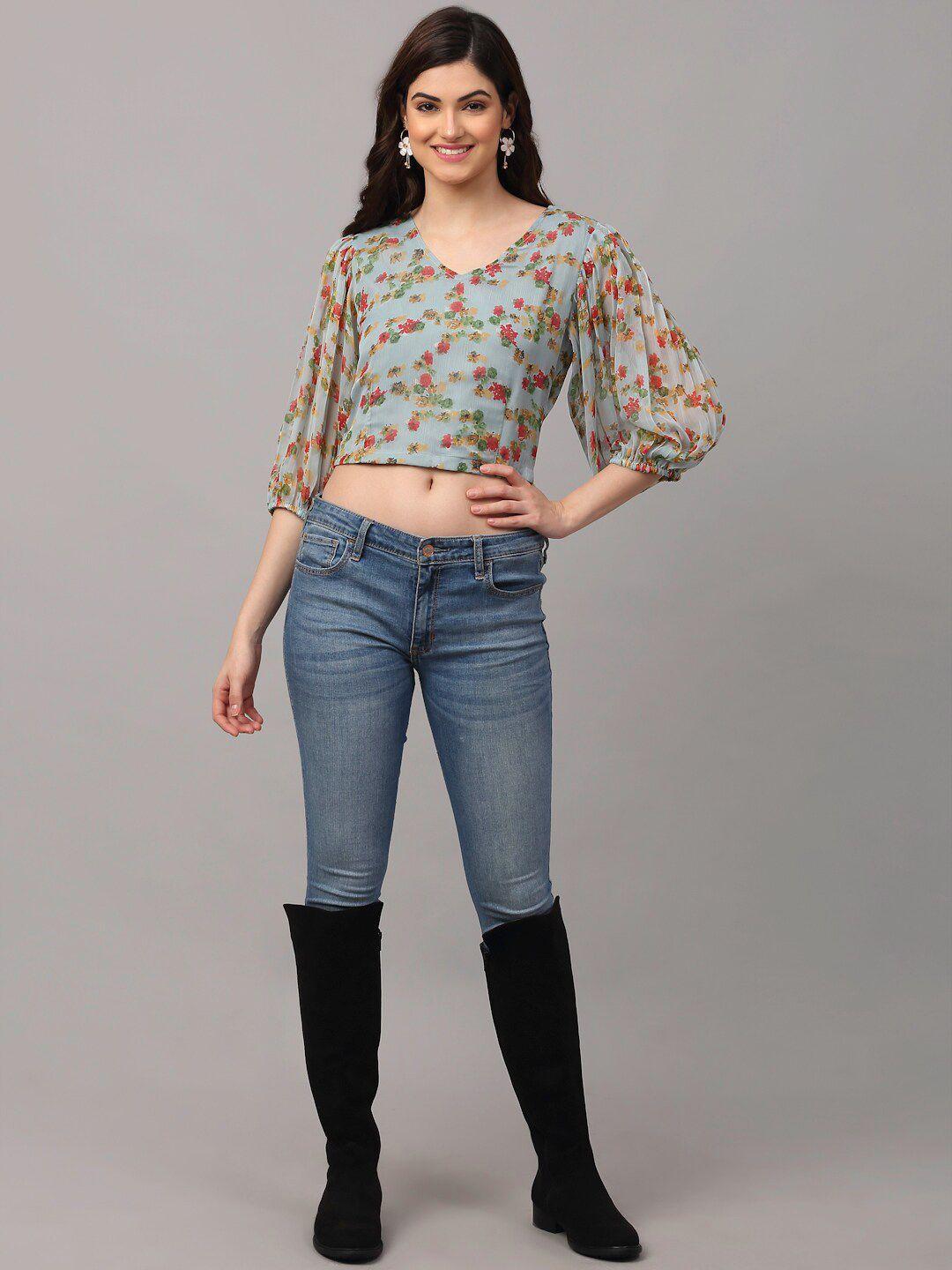 neudis teal floral print chiffon crop top