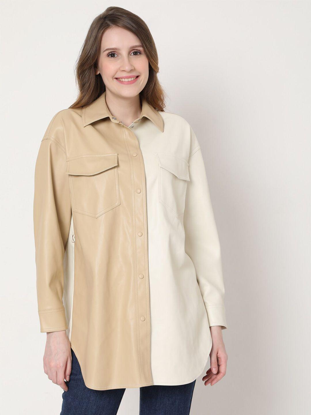 vero moda women beige & cream-coloured colourblocked casual shirt