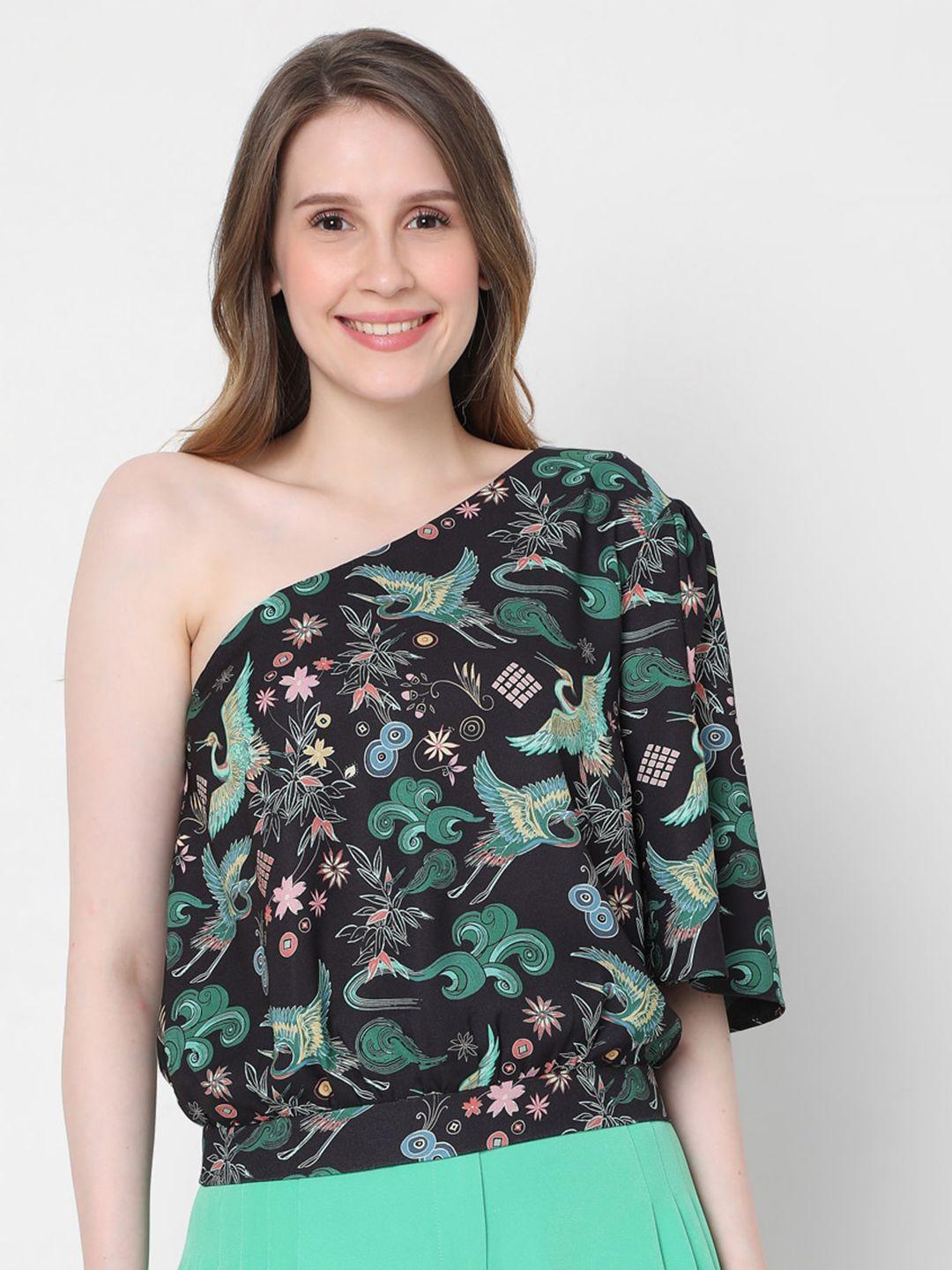 vero moda black floral print one shoulder blouson top