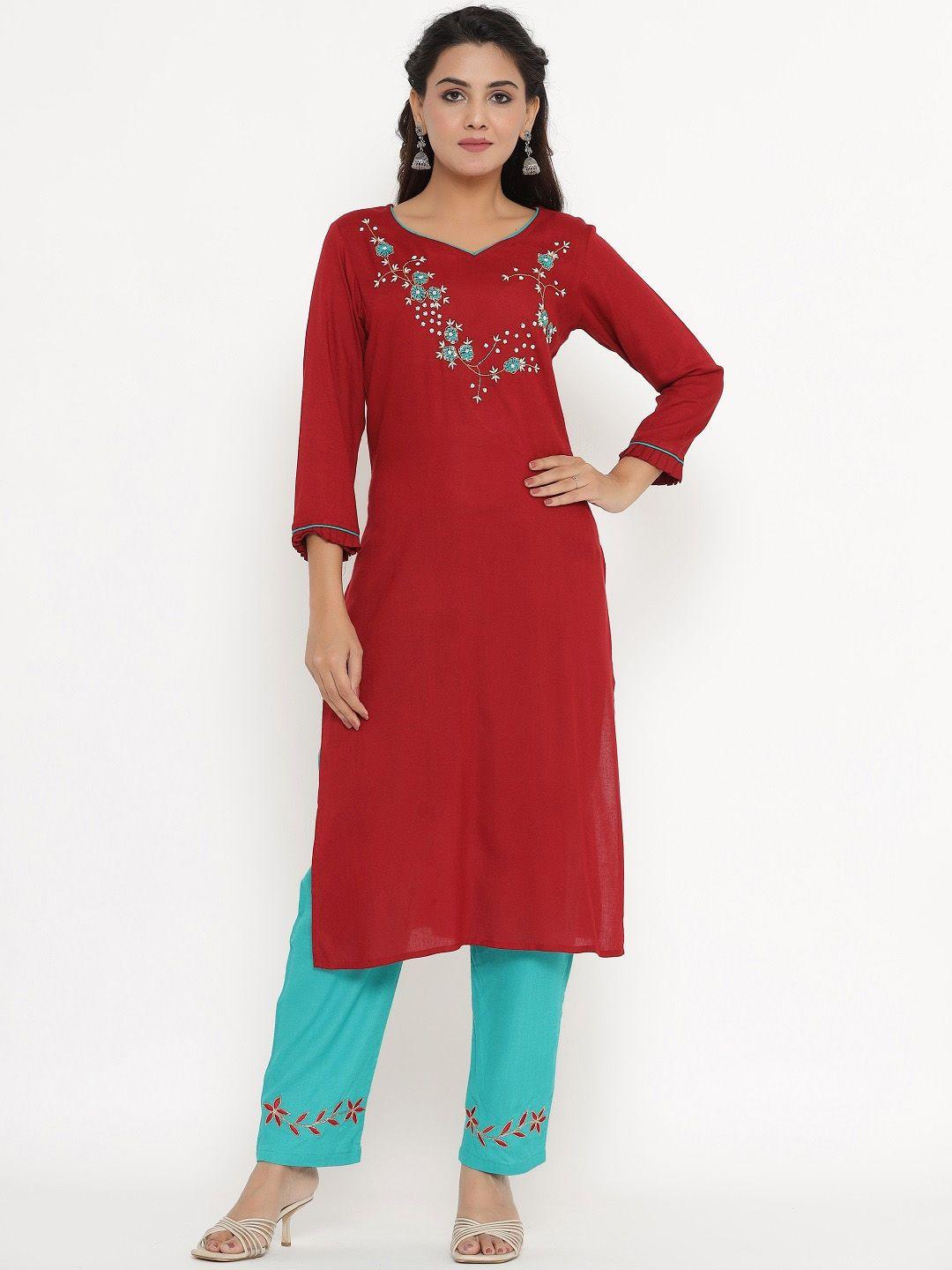 vedana women maroon floral embroidered kurta with trousers