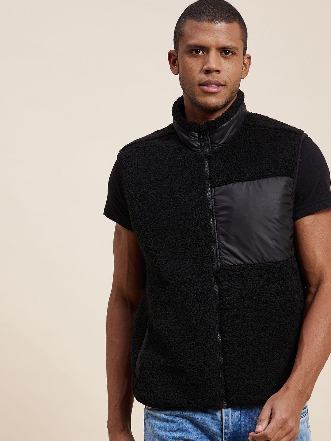 mascln sassafras men black colourblocked bomber with embroidered jacket