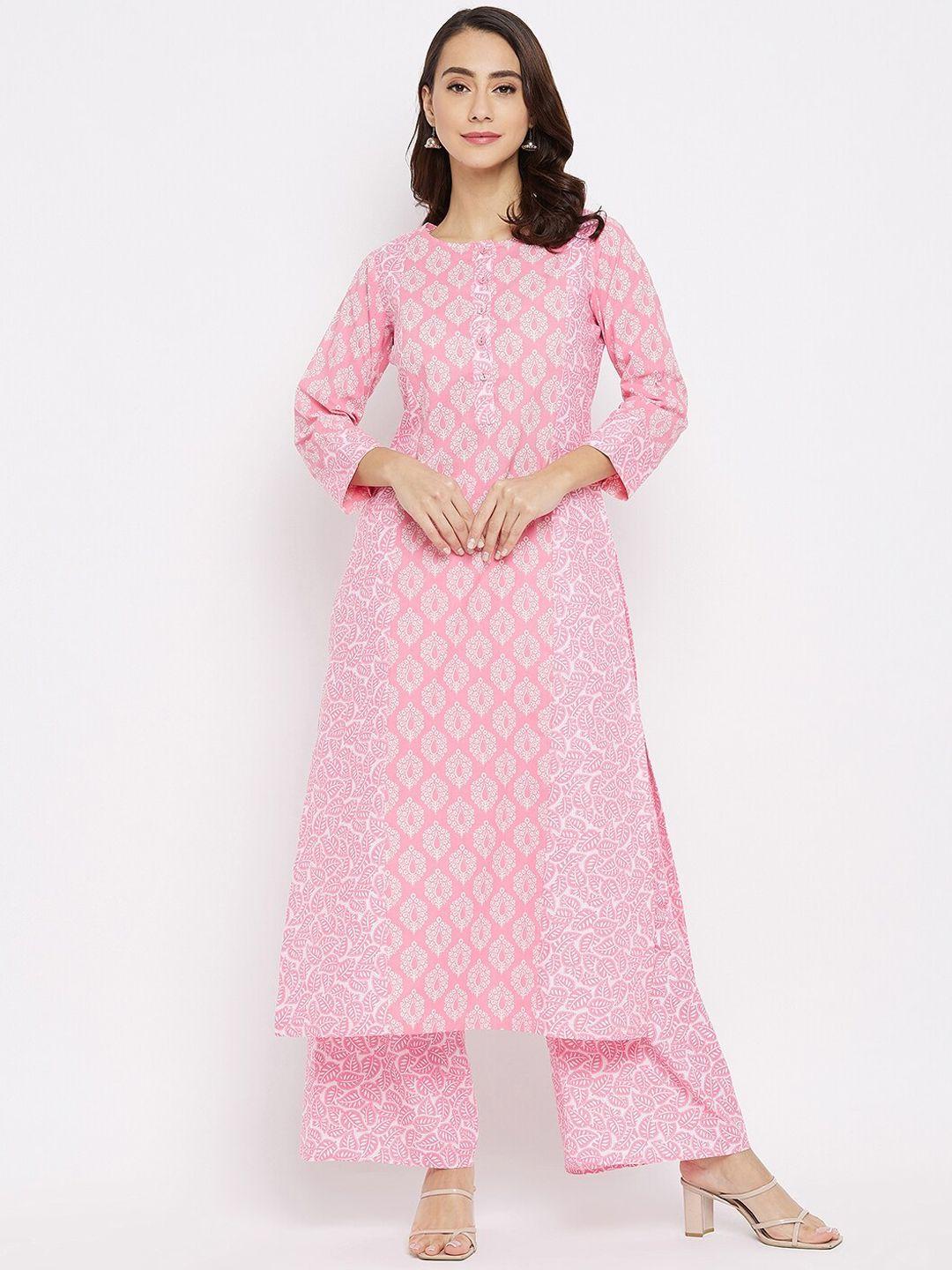 tissu women pink floral printed pure cotton kurta with palazzos