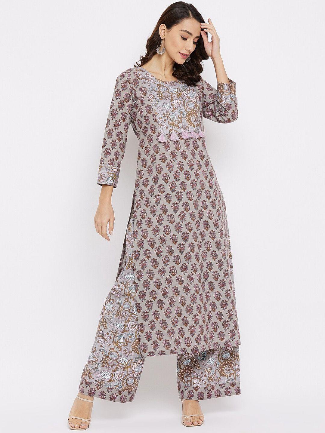 tissu women grey ethnic motifs printed pure cotton kurta with palazzos