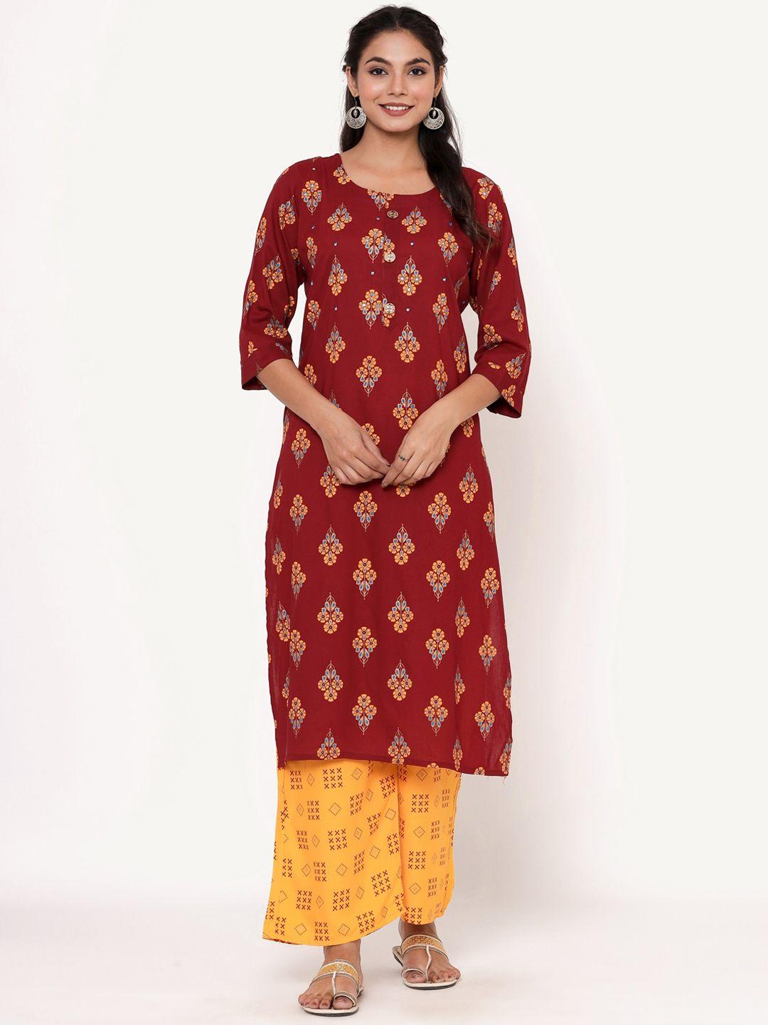 anaisa women maroon ethnic motifs printed mirror work straight kurta with palazzos