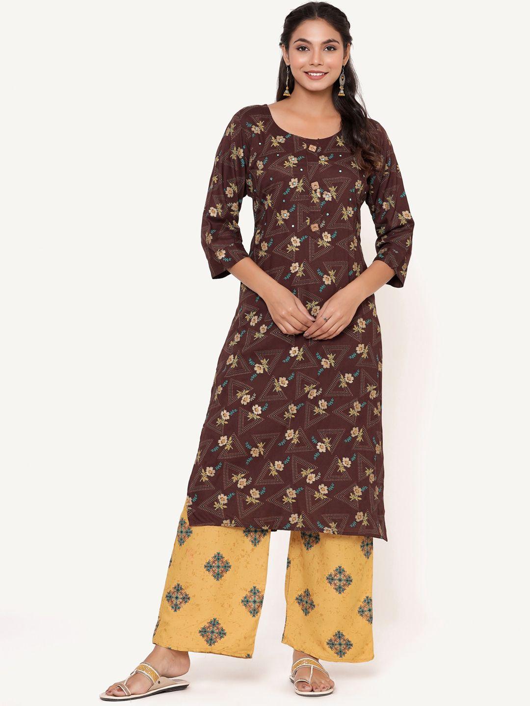 anaisa women brown & mustard yellow floral printed mirror work kurta with palazzos