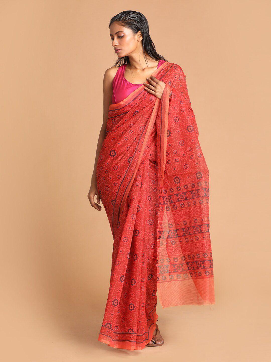 indethnic rust ethnic motifs zari supernet saree