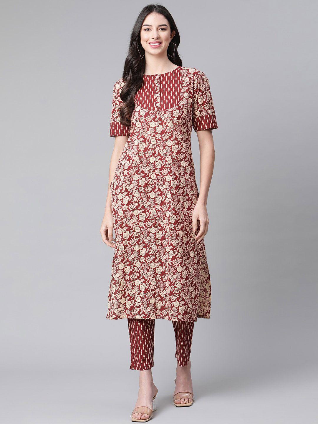 indibelle women maroon printed pure cotton kurta with trousers