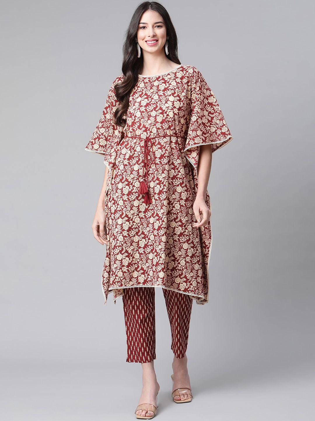 indibelle woman maroon ethnic motifs printed pure cotton kurta with trousers