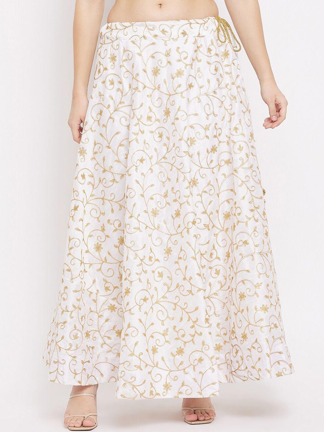 clora creation women white & gold-coloured embroidered flared maxi skirt