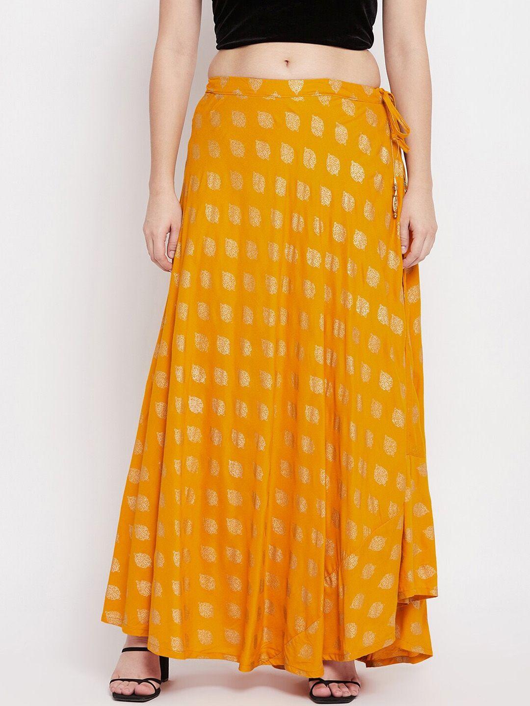 clora creation women mustard yellow & gold-coloured printed flared maxi skirt