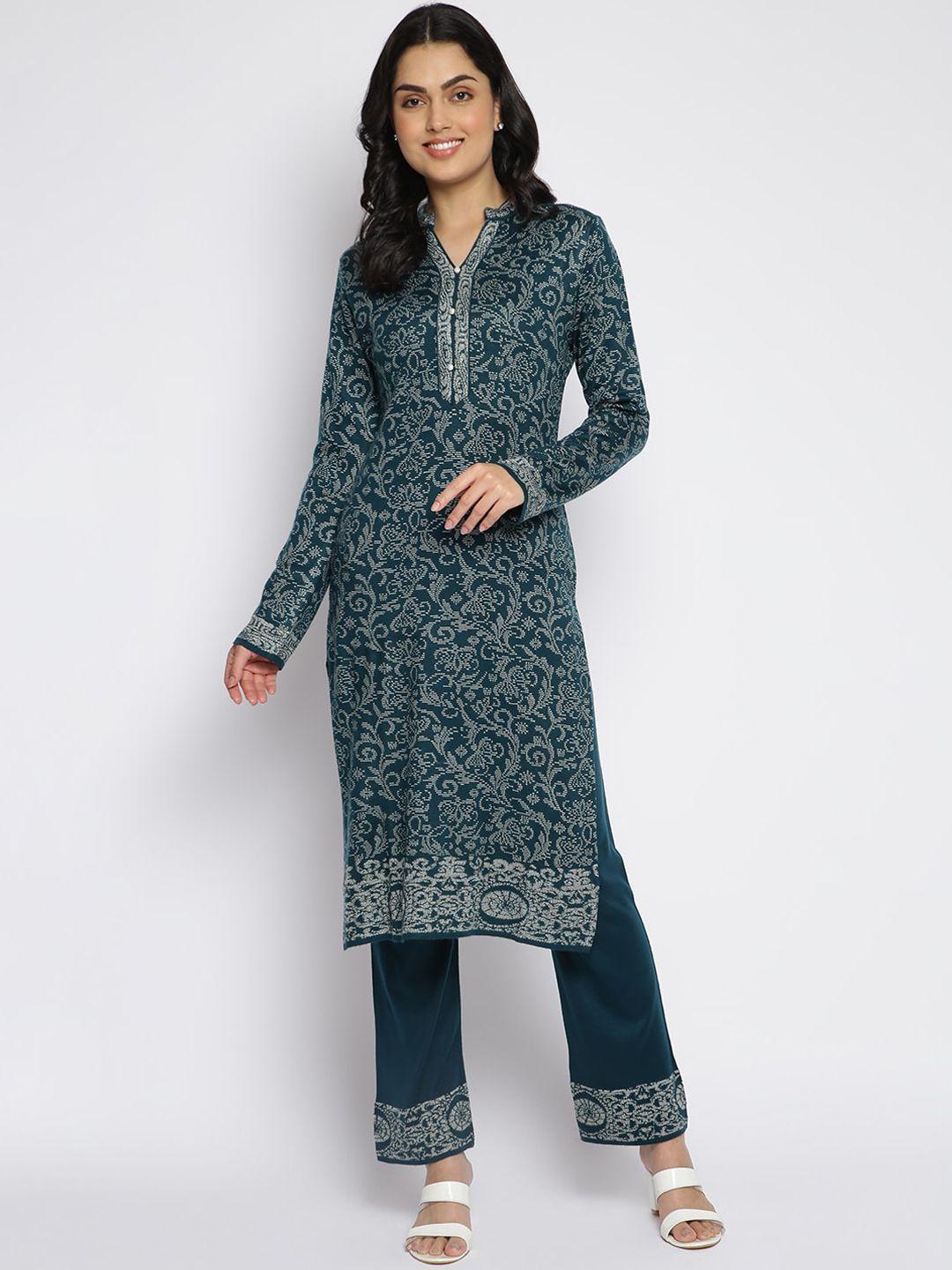 mikhad women teal floral printed kurta with trousers