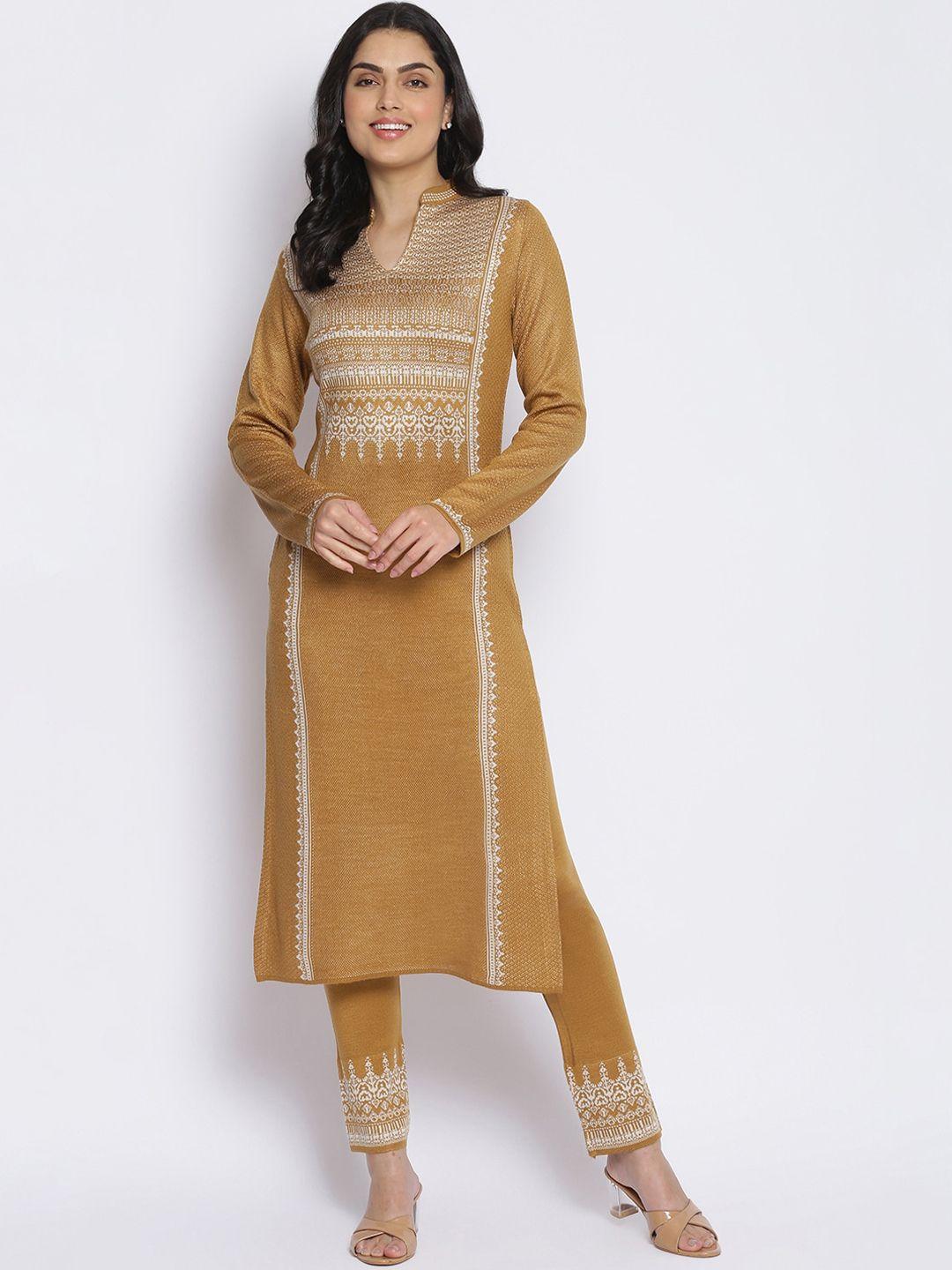 mikhad women mustard yellow ethnic motifs embroidered kurta with trousers