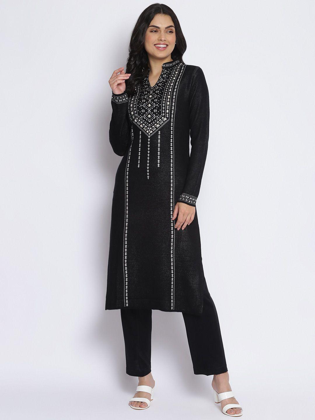 mikhad women black embroidered thread work kurta with trousers