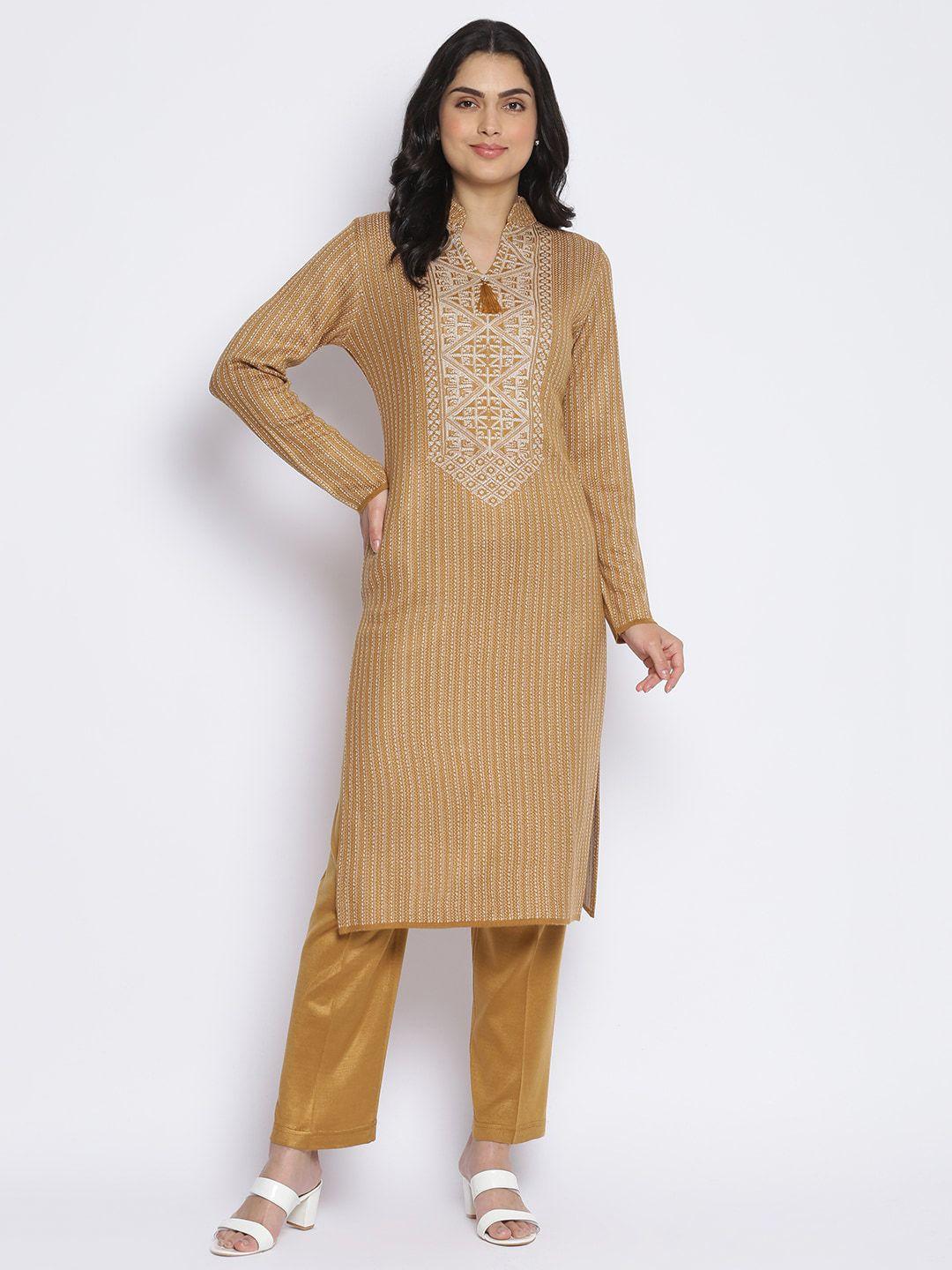 mikhad women mustard yellow ethnic motifs embroidered kurta with trousers