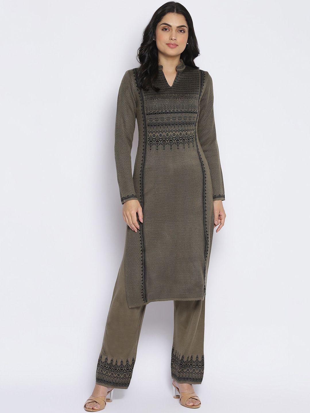 mikhad women olive green jacquard kurta with trousers