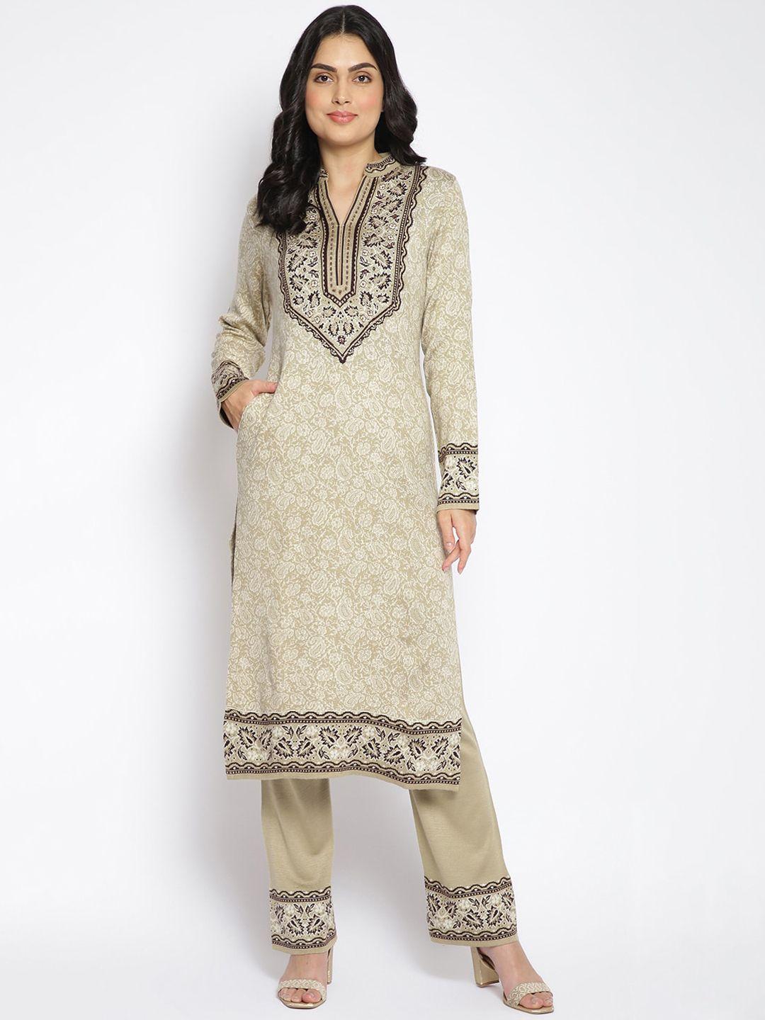 mikhad women beige jacquard kurta with trousers