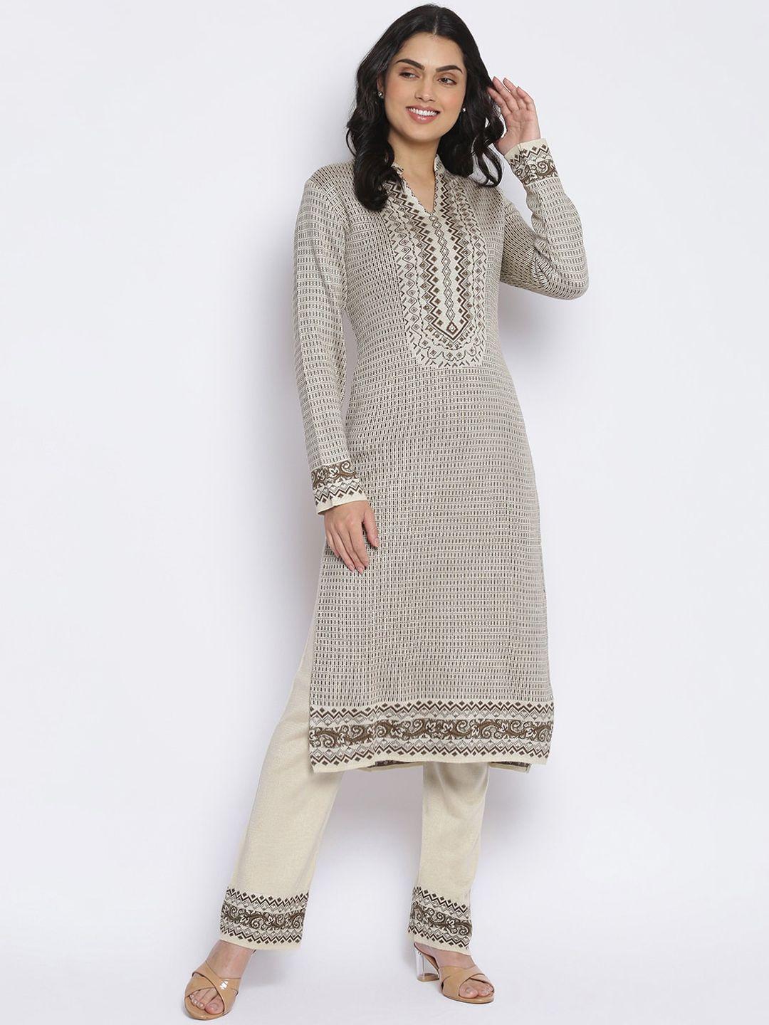 mikhad women cream-coloured embroidered kurta with trousers