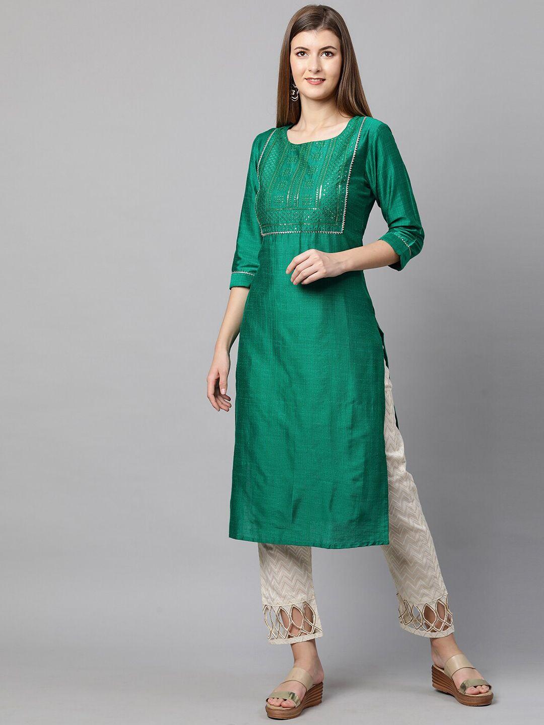 fashor women sea green embroidered yoke design kurta