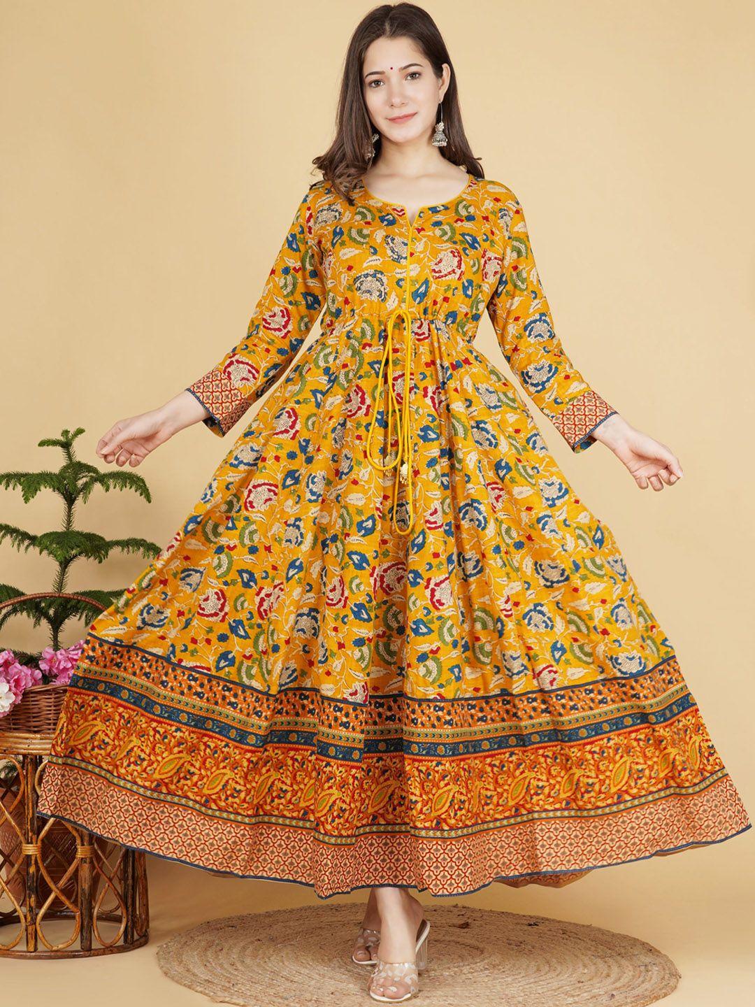 kalini women mustard yellow floral printed anarkali fusion kurta