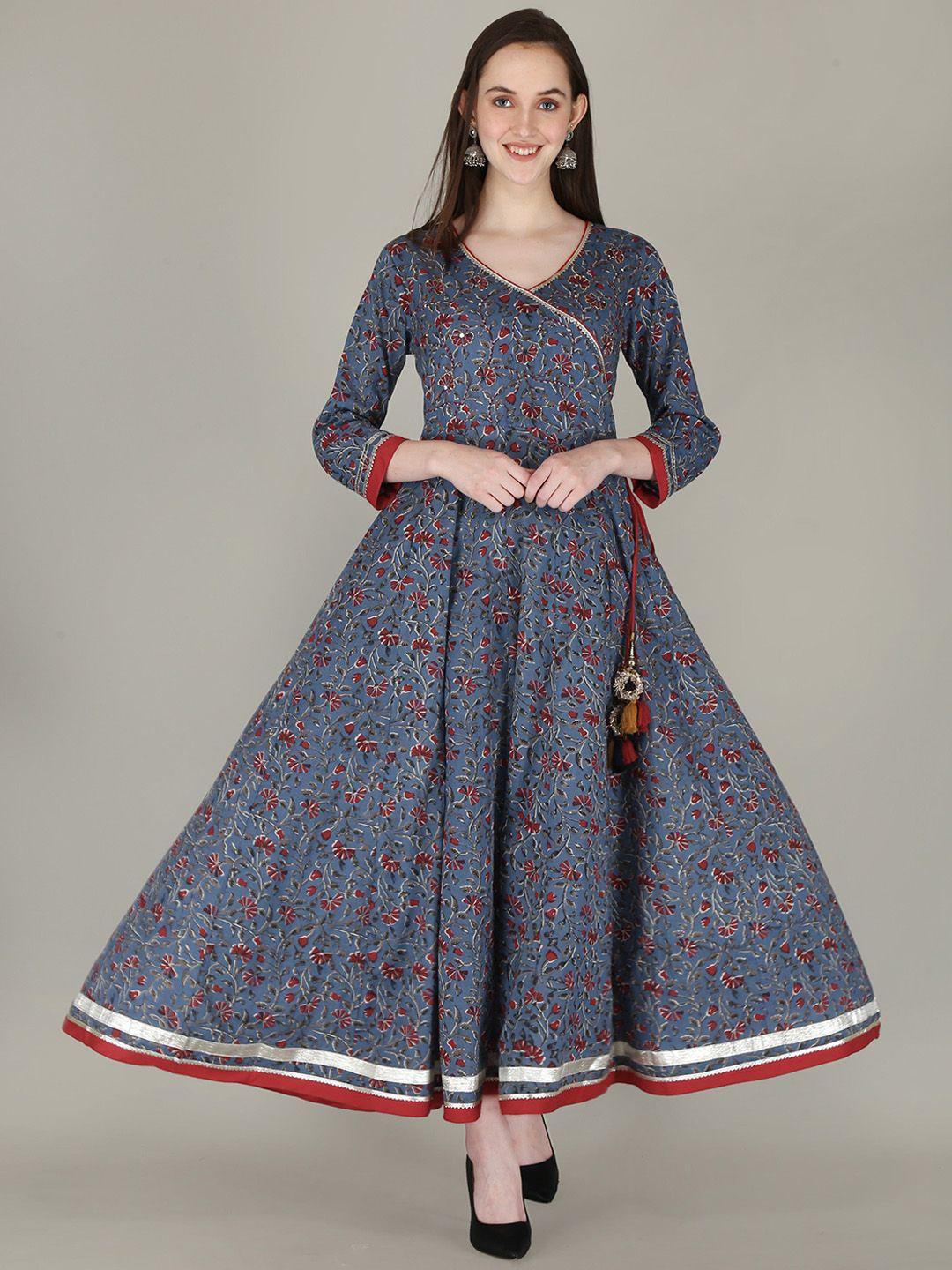 kalini women navy blue & red floral printed floral anarkali fusion kurta