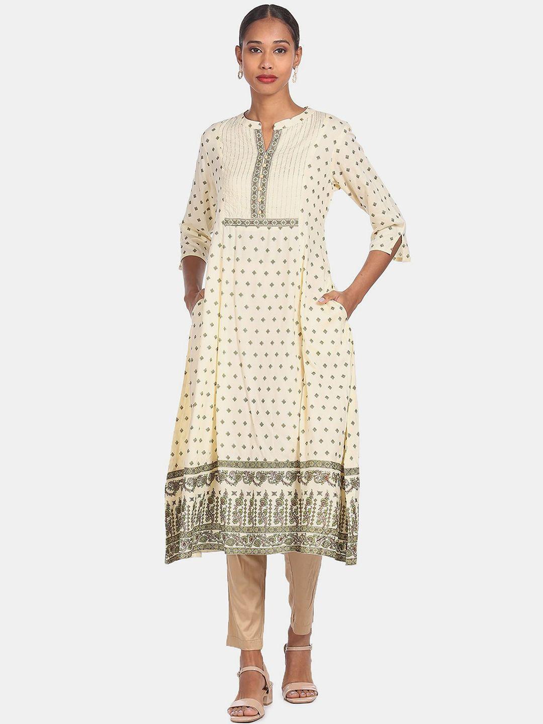 anahi women white & grey ethnic motifs printed mirror work kurta