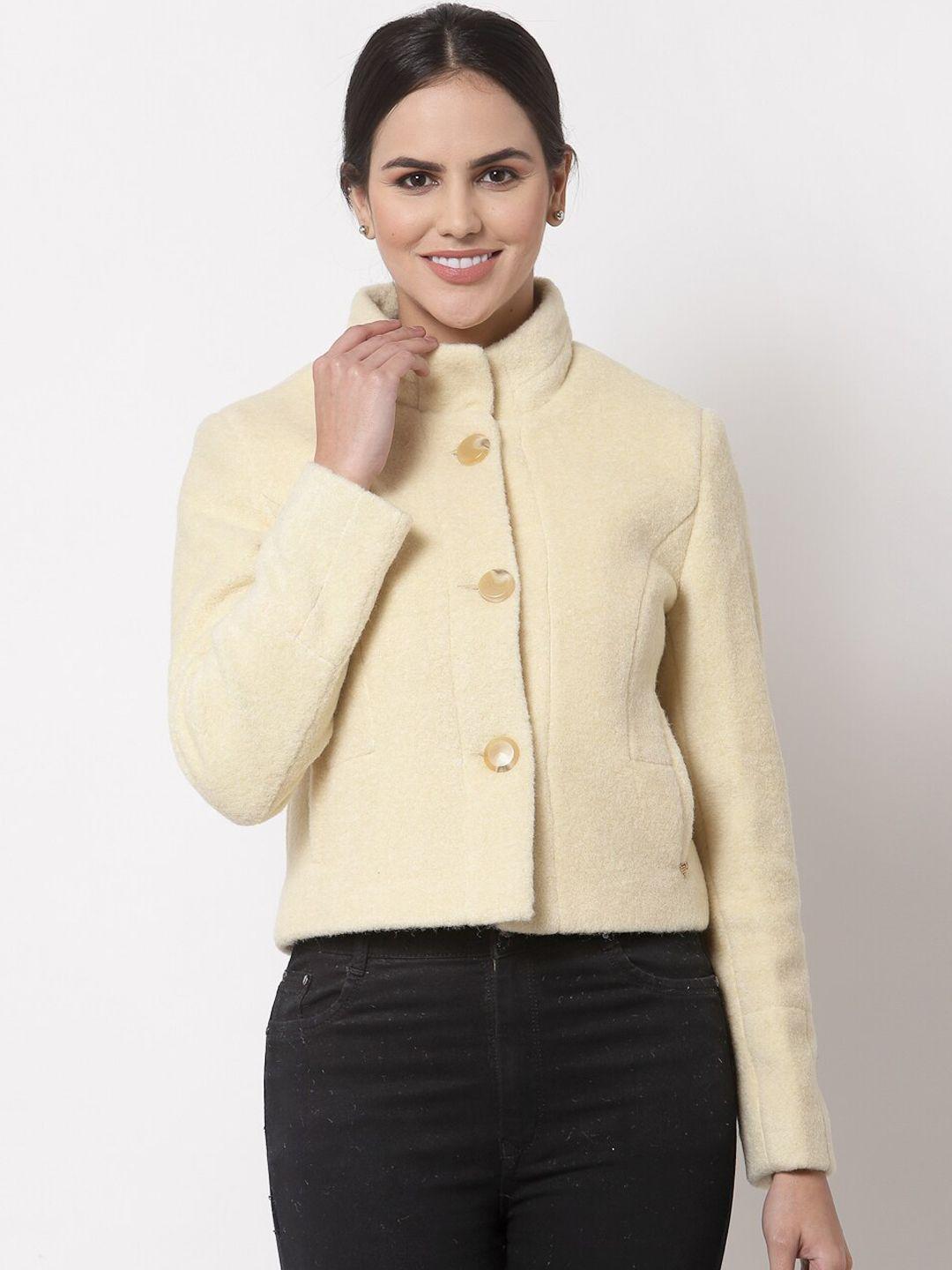 juelle women yellow self design pea coat