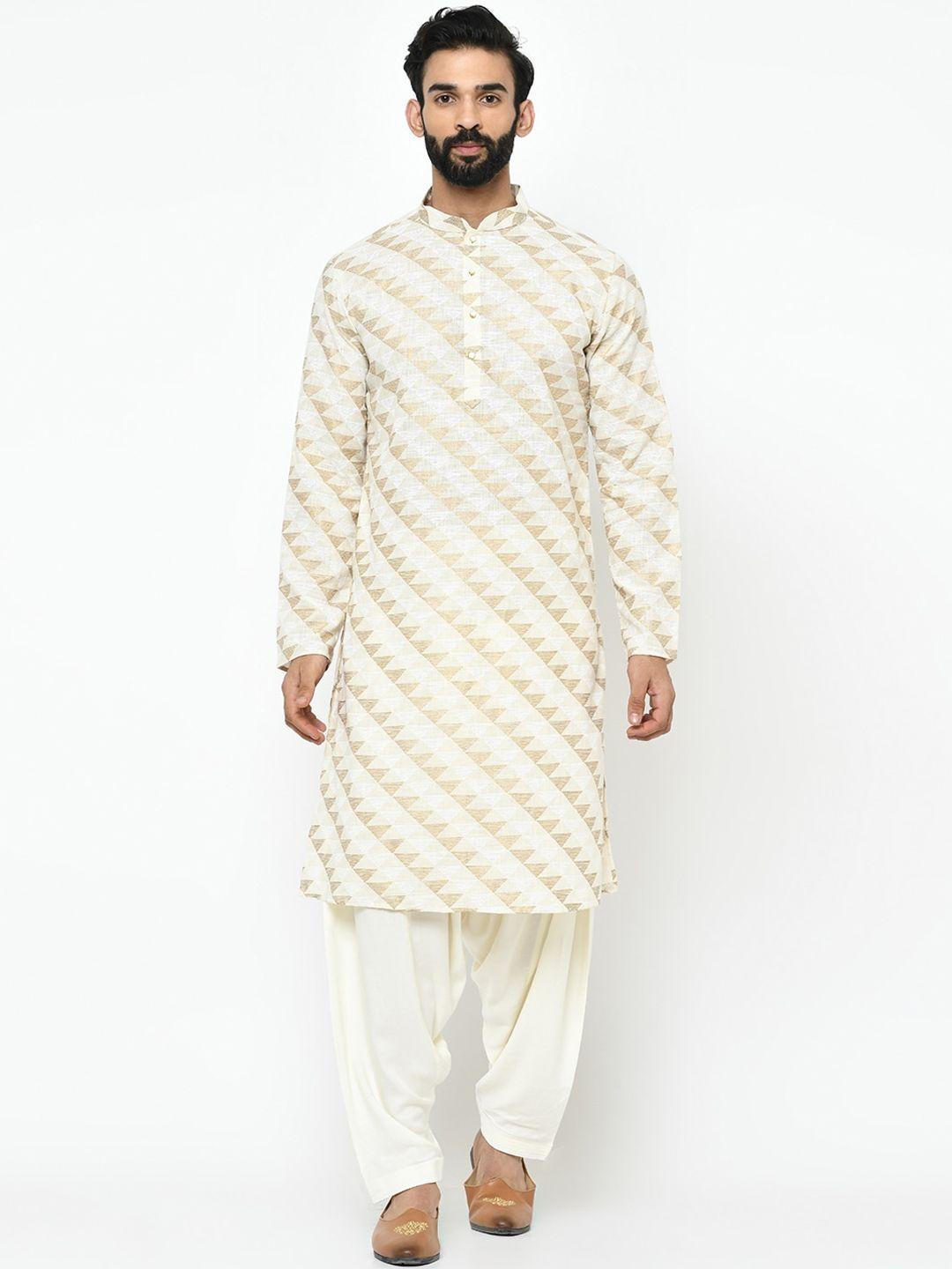 kisah men cream-coloured geometric thread work kurta