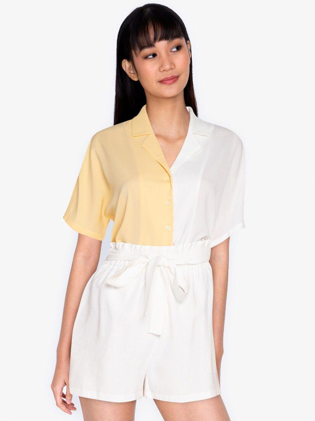 zalora basics women white & yellow colourblocked casual shirt