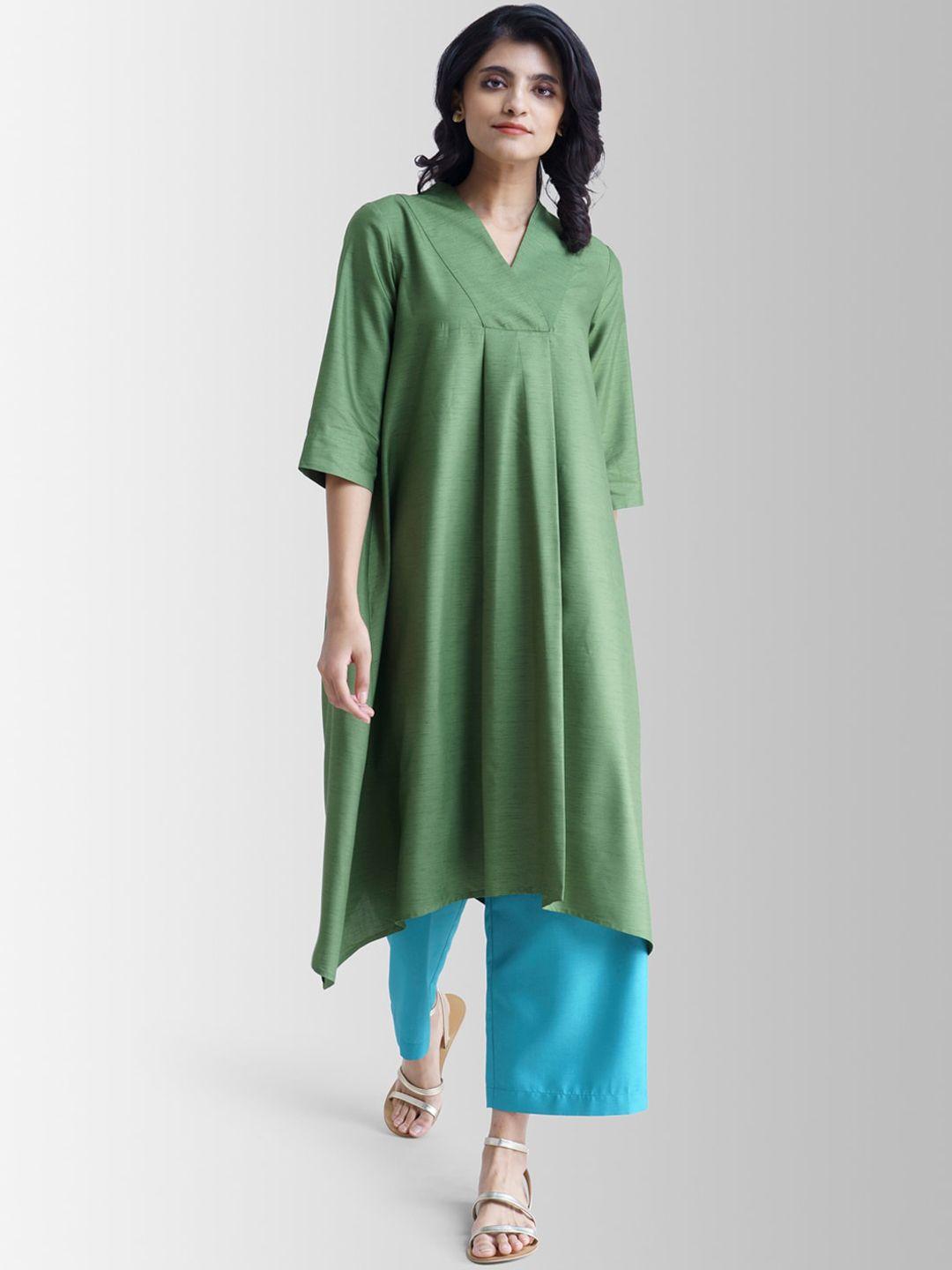 marigold by fablestreet women green solid v-neck a-line kurta