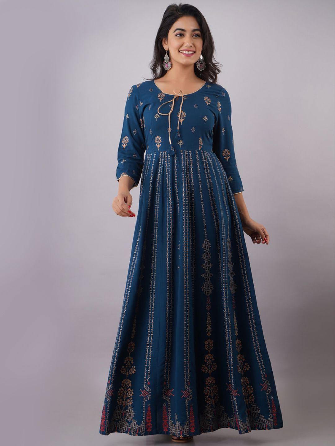 kalini woman navy blue ethnic motifs printed keyhole neck floral anarkali kurta