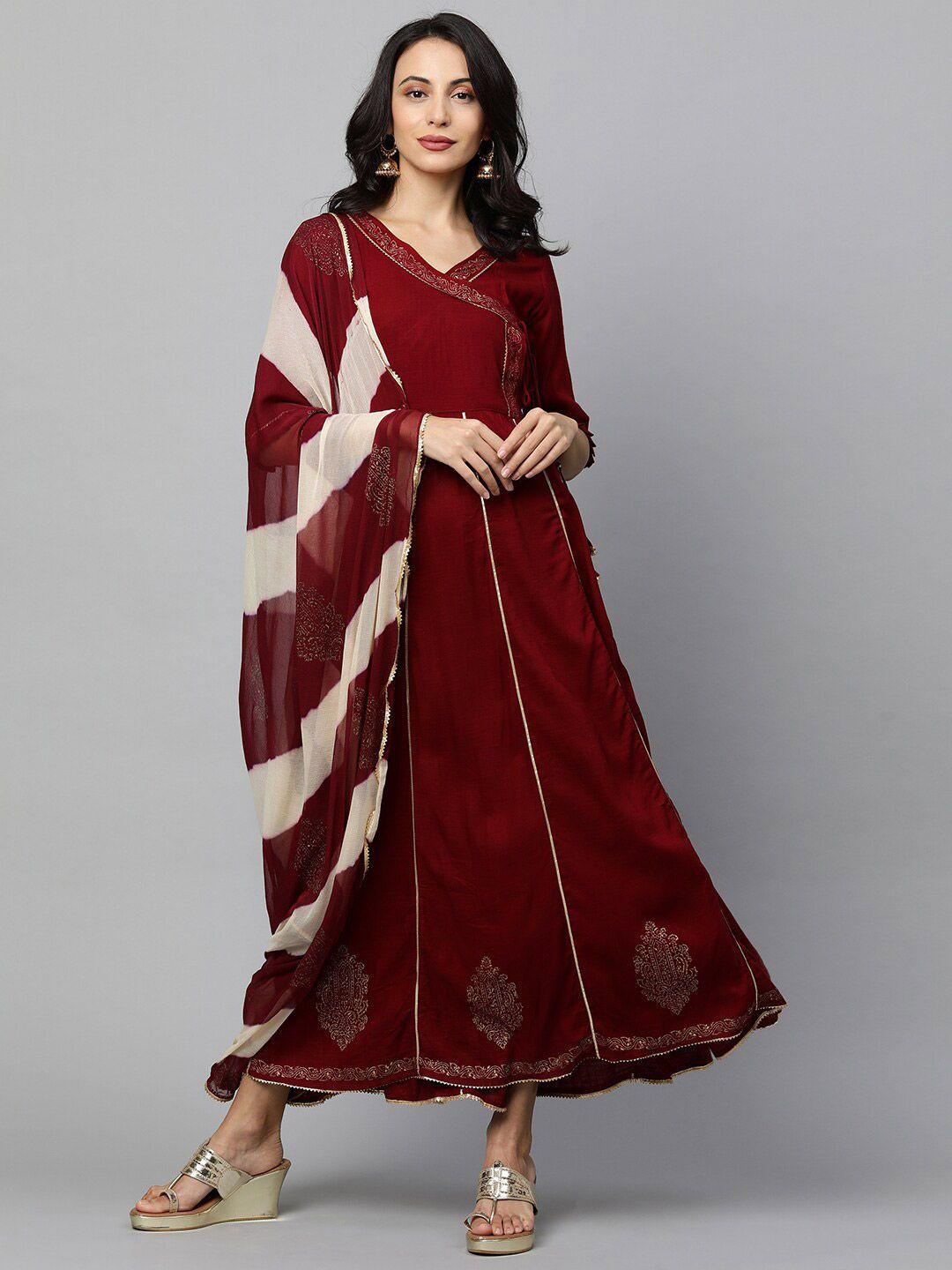 fashor maroon & gold-toned ethnic motifs ethnic maxi dress with dupatta