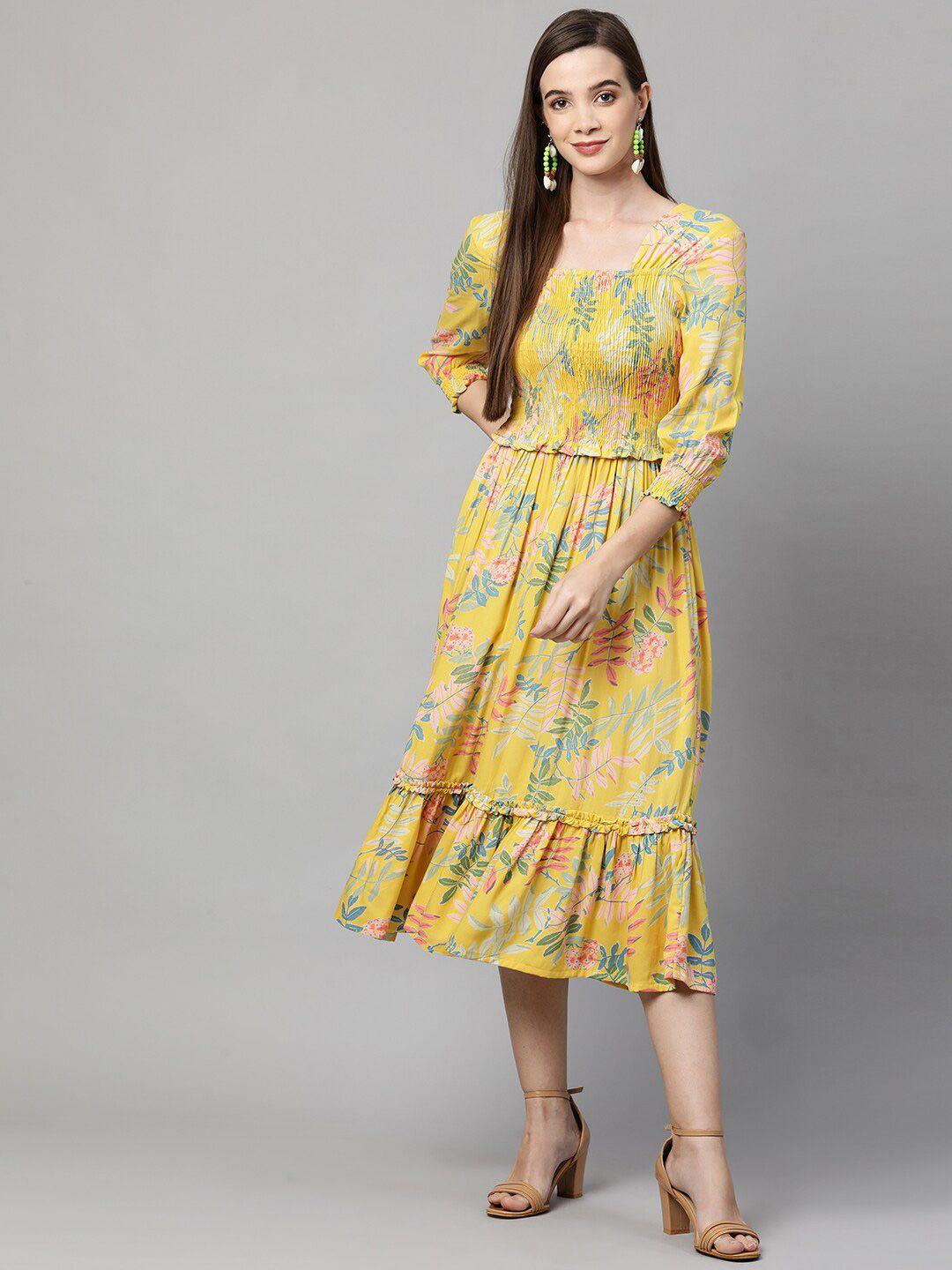 fashor woman yellow floral a-line midi dress