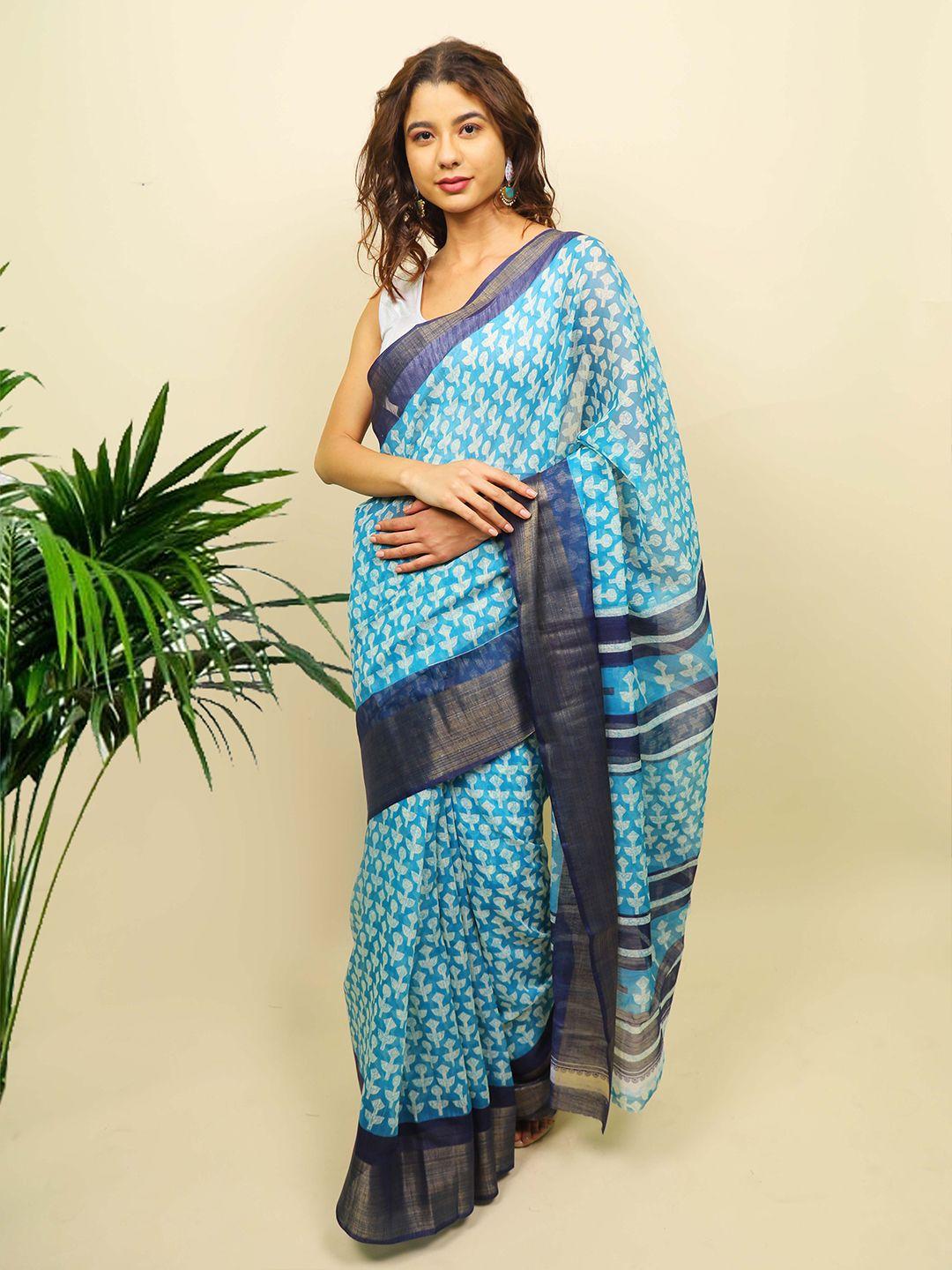 indi inside blue & white soft cotton dabu saree