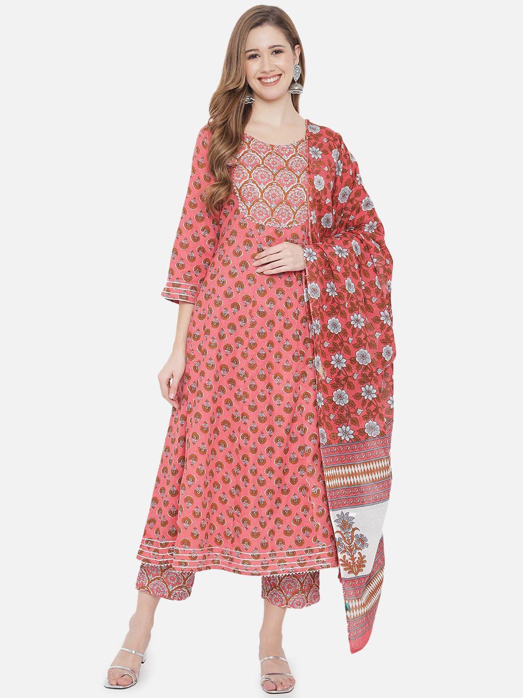 prakhya women coral floral printed pure cotton kurta with trousers & with dupatta