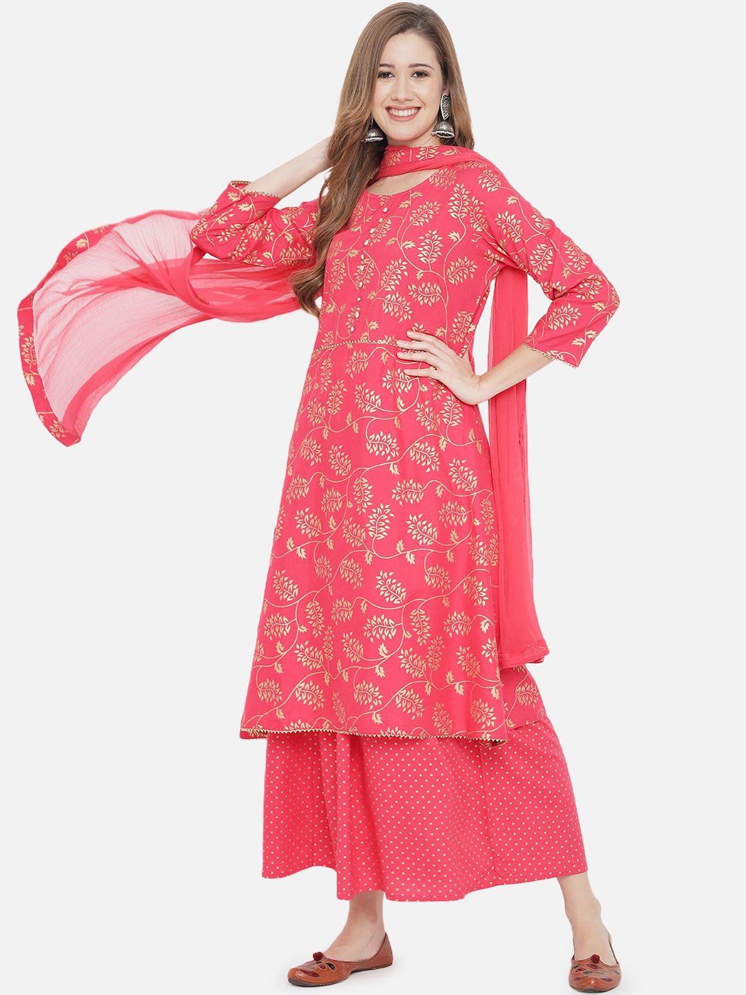 prakhya women pink printed kurta with palazzo & dupatta