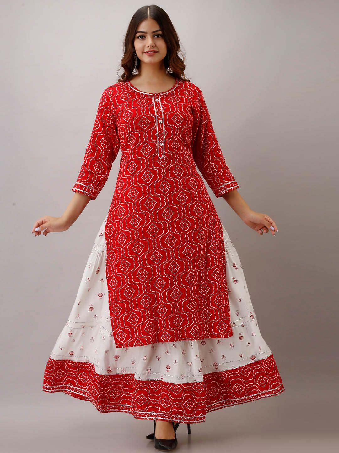 kalini women red bandhani printed panelled gotta patti kurta with skirt