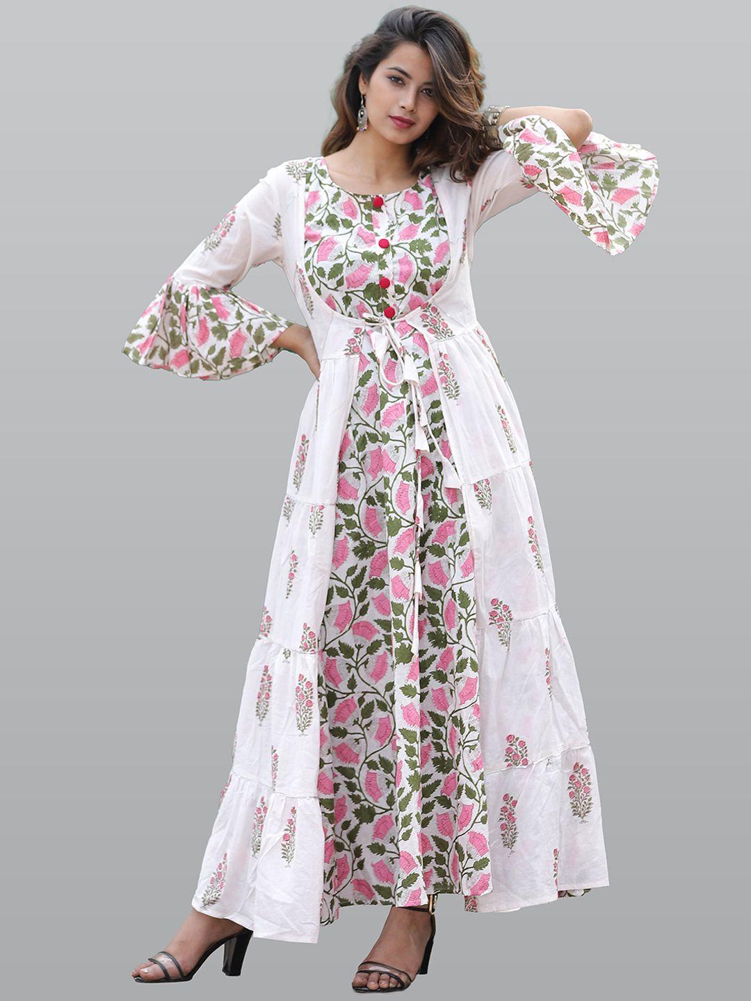 kalini women white & pink floral printed flared sleeves floral anarkali kurta