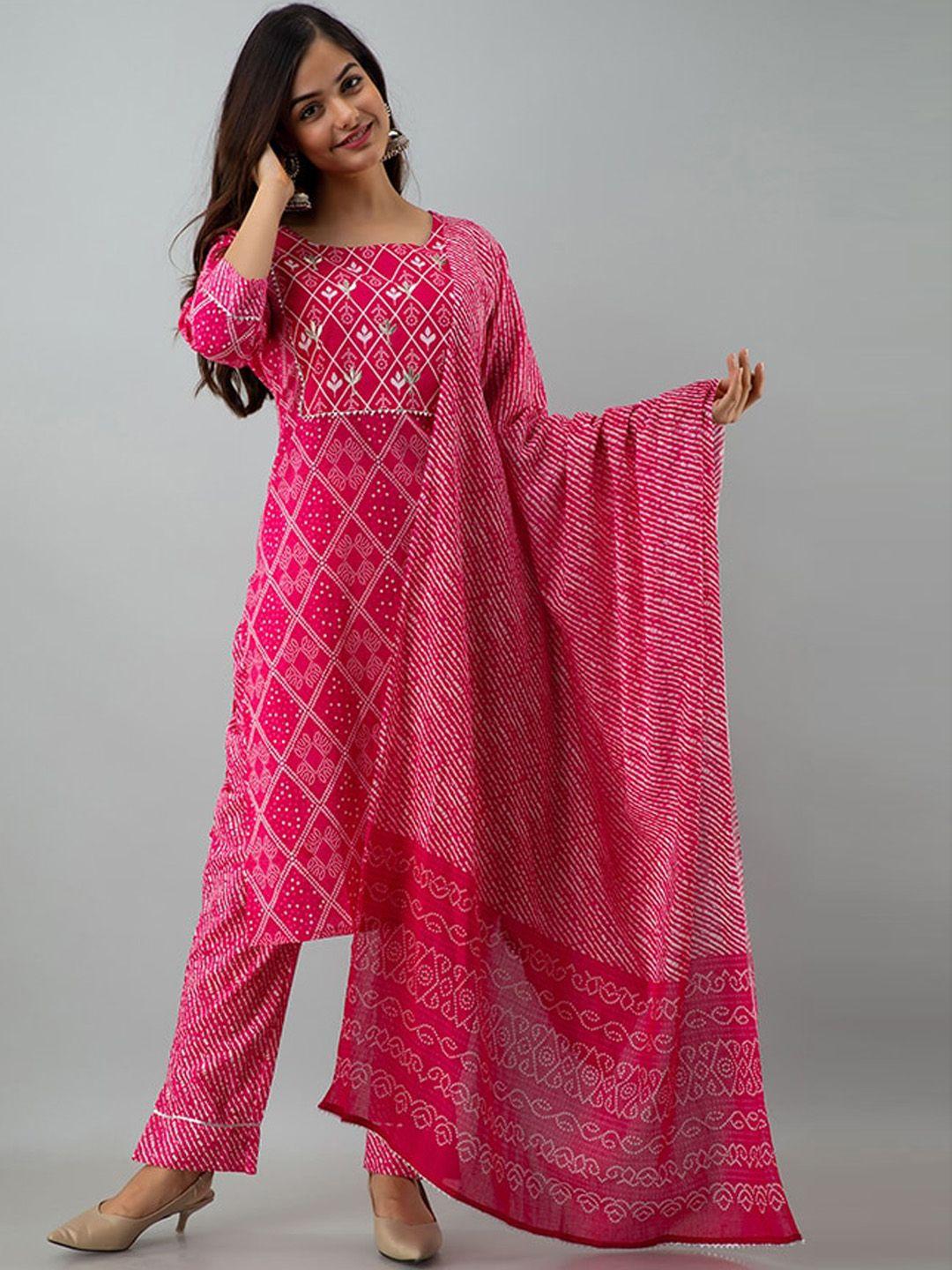 kalini women pink gotta patti pure cotton kurta with trousers & dupatta