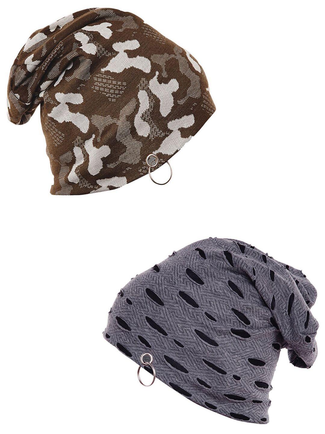 vimal jonney set of 2 unisex olive green & white printed beanie