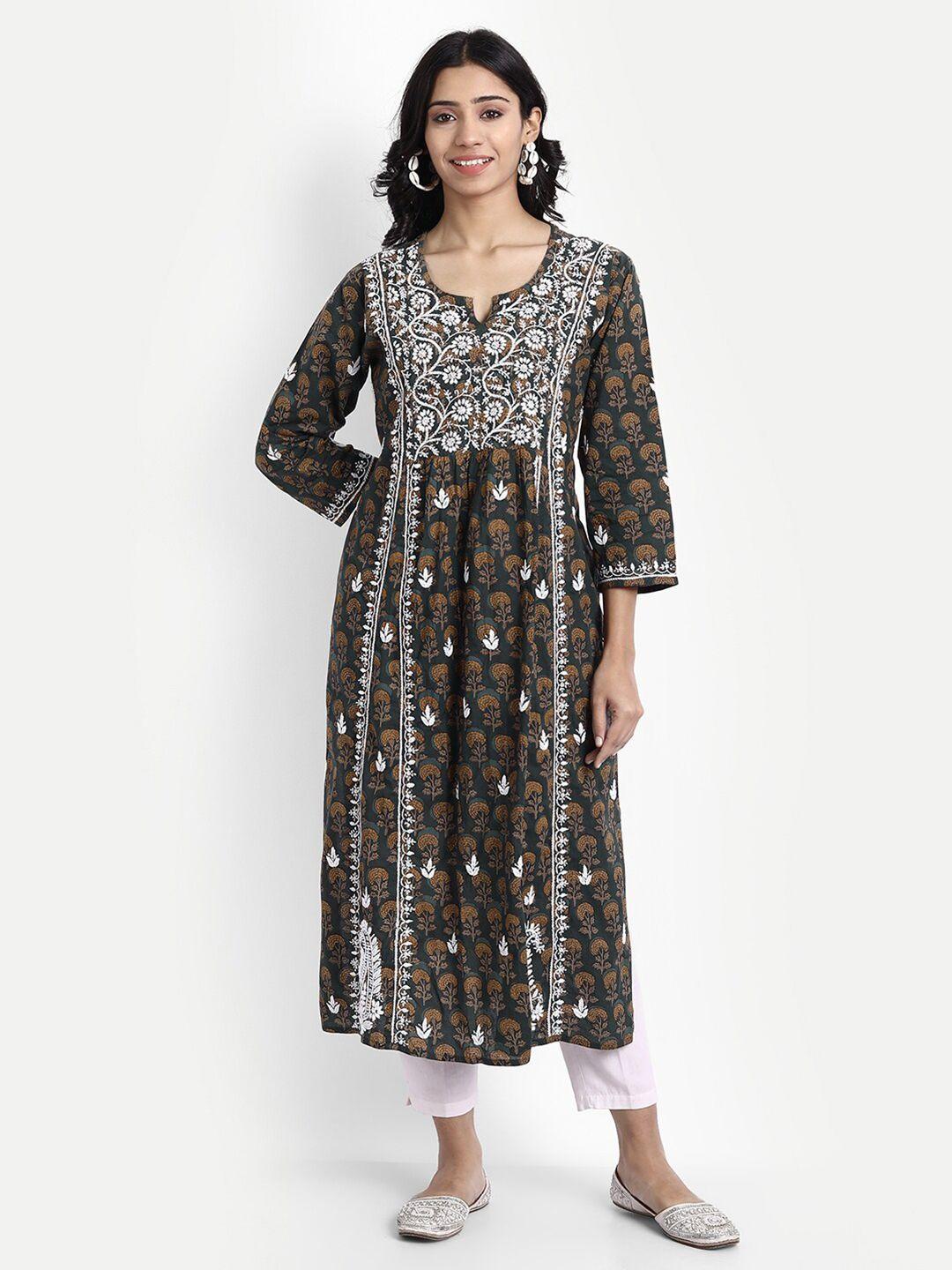 house of kari multicoloured hand embroidery chickenkari cotton midi a-line dress