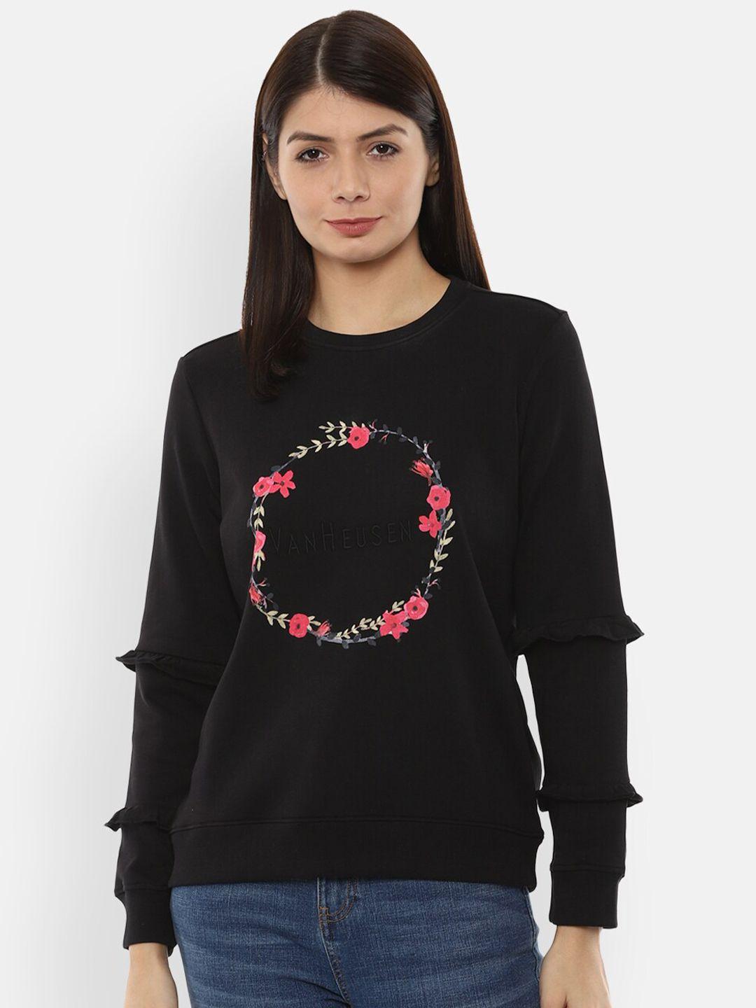 van heusen woman women black floral printed sweatshirt with ruffle detail