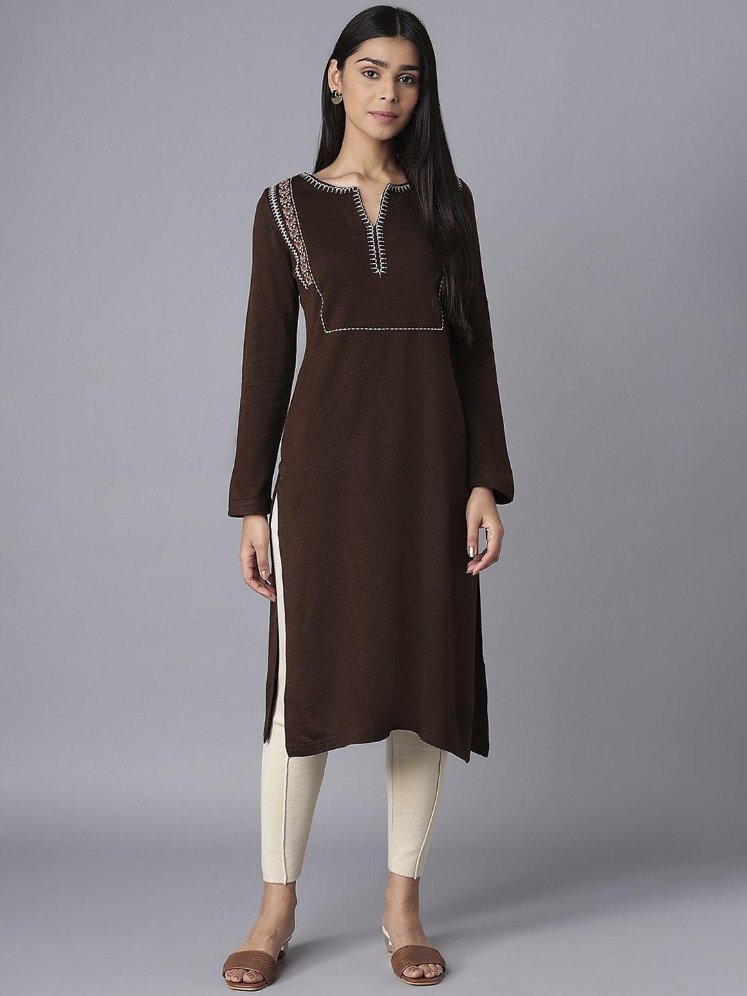 w women dark brown acrylic  thread work yoke design straight kurta