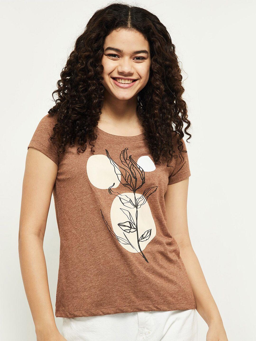 max women brown printed extended sleeves t-shirt